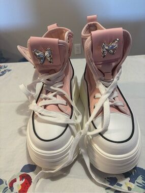 Pink Platform Butterfly High-Top Sneakers
